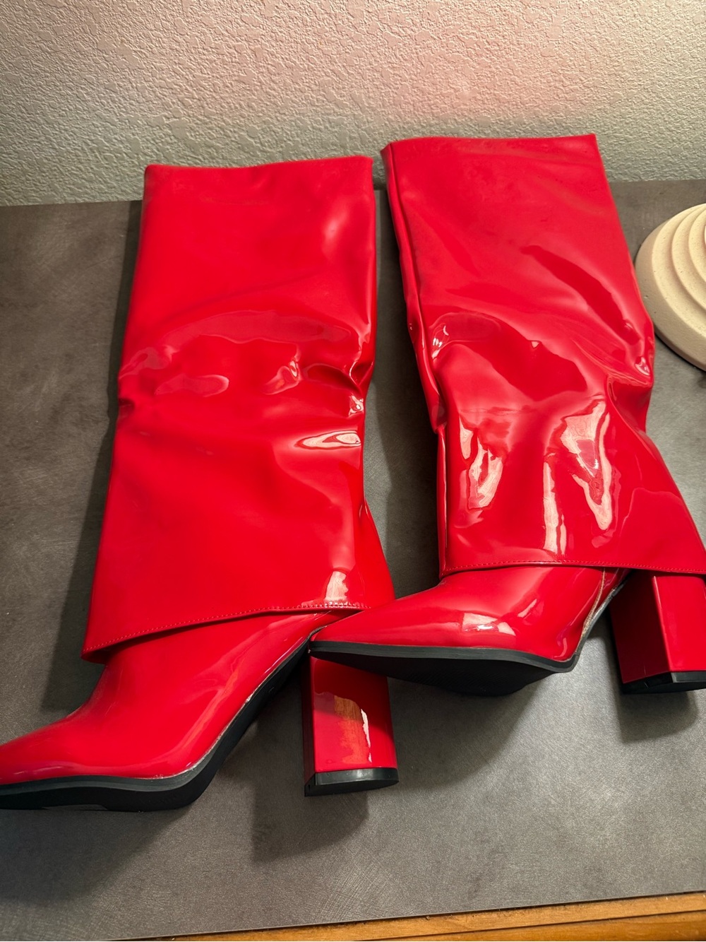 Patent Red Knee-High Block Heel Boots - Women